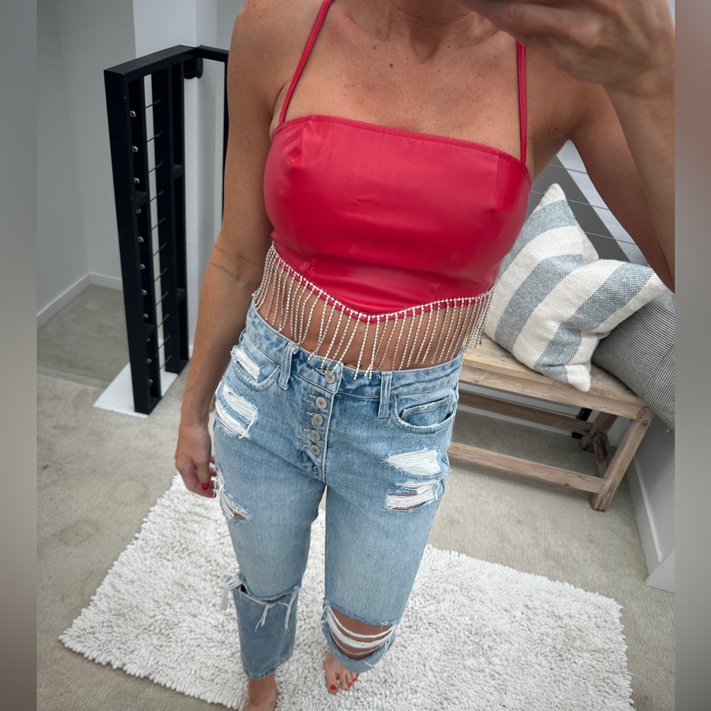 Trendy & Tipsy Red Rhinestone Fringe Crop Top Festival Going Out | NWT Size S - Picture 4 of 14
